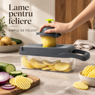 Tocător și răzătoare pentru legume, cu recipient