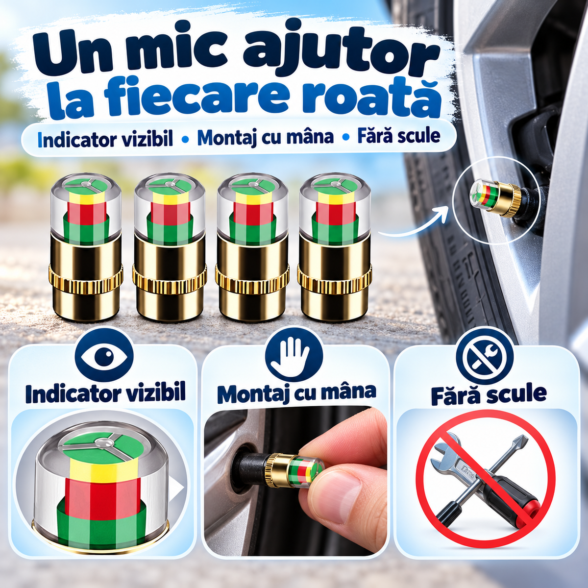 SET 4 Capace Valve cu Indicator Presiune pentru Anvelope
