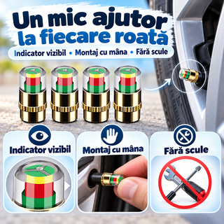 SET 4 Capace Valve cu Indicator Presiune pentru Anvelope