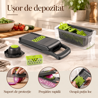 Tocător și răzătoare pentru legume, cu recipient
