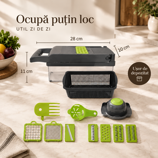 Tocător și răzătoare pentru legume, cu recipient