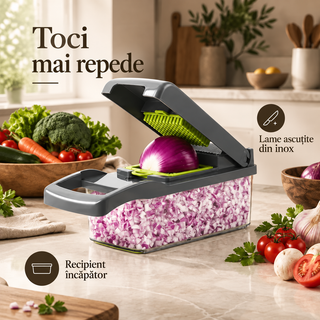 Tocător și răzătoare pentru legume, cu recipient
