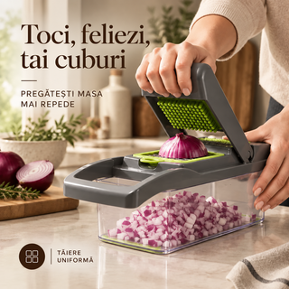 Tocător și răzătoare pentru legume, cu recipient