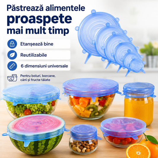 Capace Universale din Silicon Elastic 6/set - Reutilizabile, Etanșe, pentru Vase și Recipiente de Diferite Dimensiuni