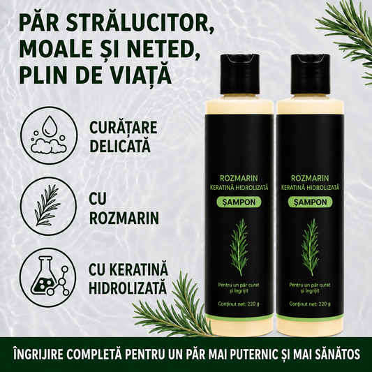 Șampon cu Rozmarin și Keratină - Mai puțin păr rupt. Mai mult volum, rezistență și încredere.