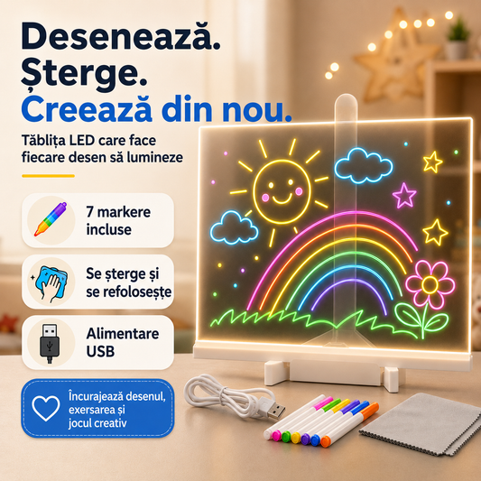 Tăbliță LED reutilizabilă pentru desen – 30 × 20 cm