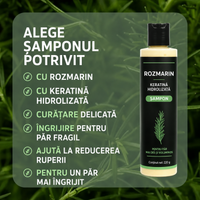Șampon cu Rozmarin și Keratină - Mai puțin păr rupt. Mai mult volum, rezistență și încredere.