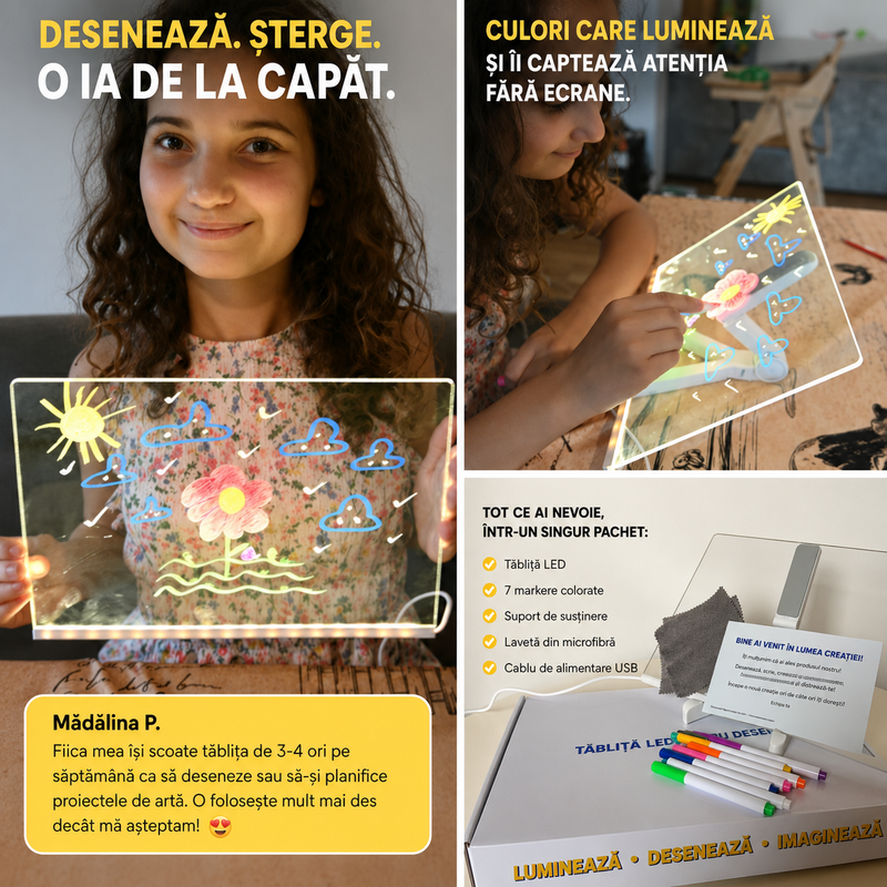 Tăbliță LED reutilizabilă pentru desen – 30 × 20 cm