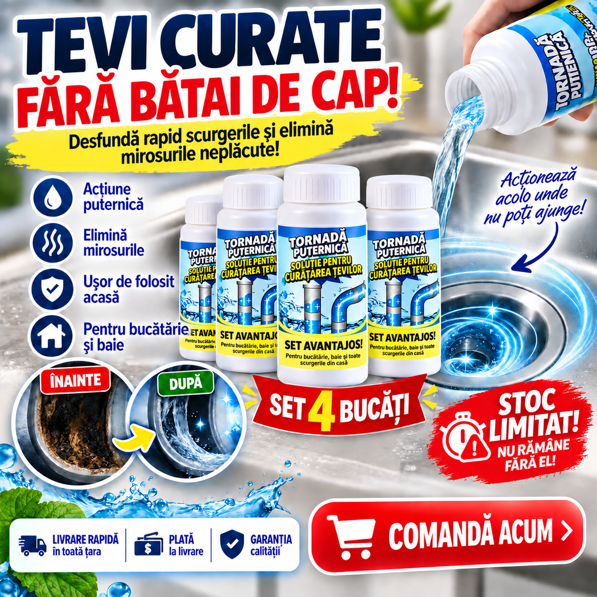 Pulbere Activă pentru Curățarea Țevilor și Scurgerilor – Set 4 Bucăți